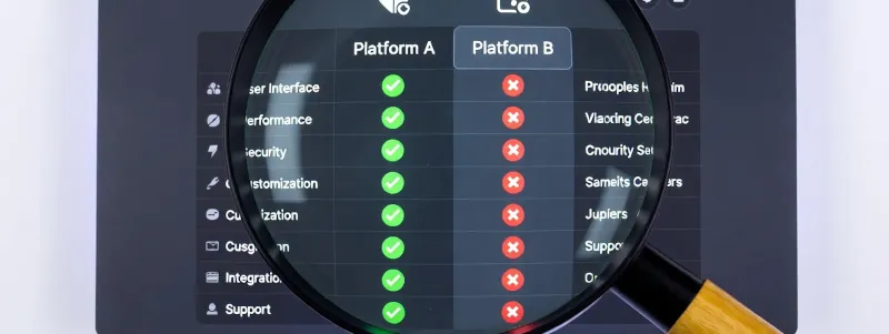 Magnifying glass over computer screen with platform comparison
