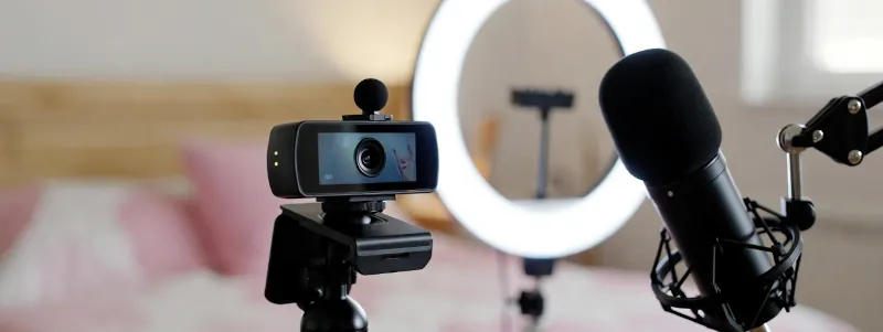 Webcam, ring light, and microphone on a modern desk setup